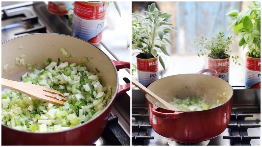 טיגון הירקות למרק עגבניות